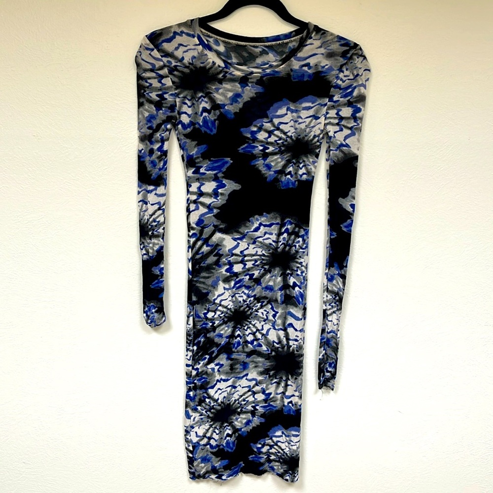 Sheer stretch multi color long sleeve midi dress